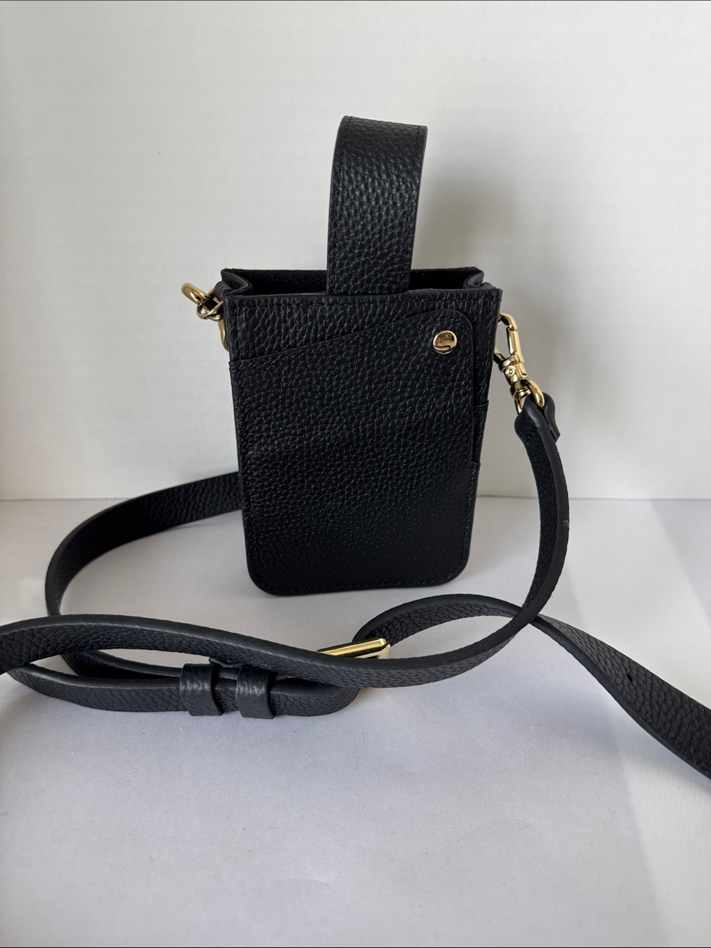 Bandolier Black Leather Crossbody Phone Pouch with Gold Hardware - Picture 2 of 5